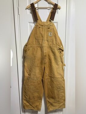 Carhartt vintage distressed trashed tan duck double knee bib overalls 38x30